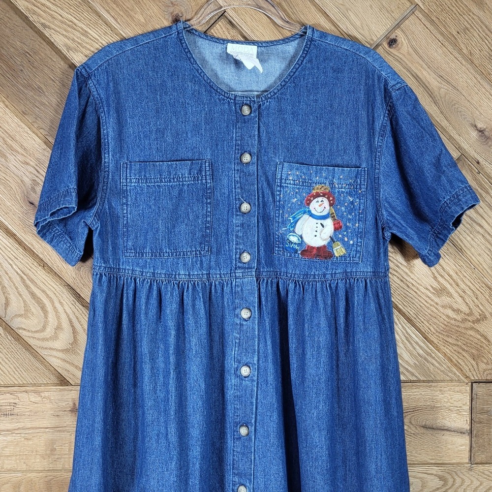 Moda International Denim Vintage Dress Womens Size 10 Blue Snowman Christmas USA - Picture 2 of 8